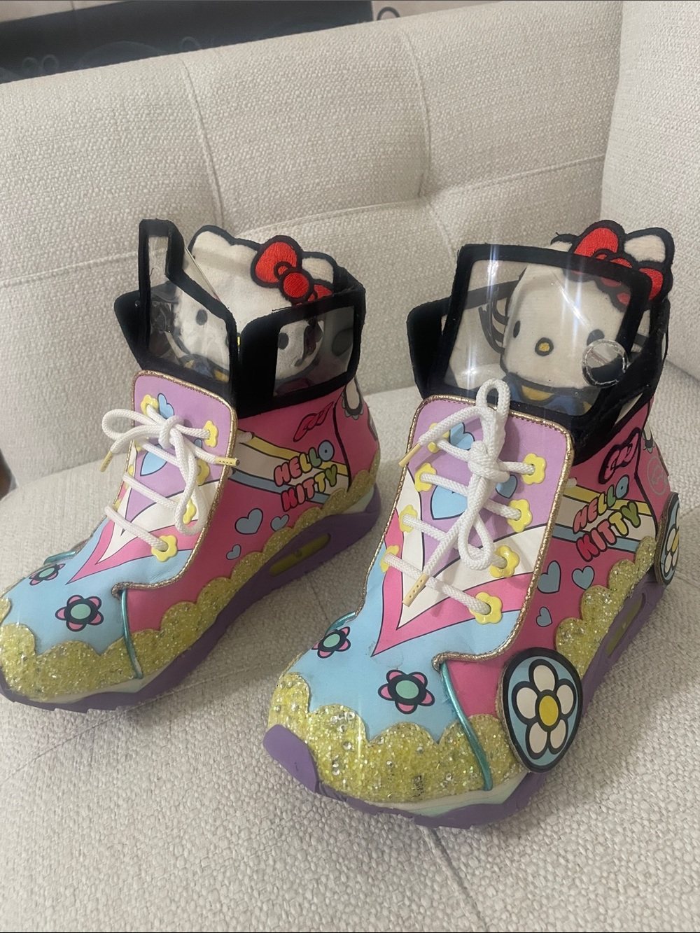 Hello Kitty Pastel Blue Pink Yellow Glitter Platform Boots
